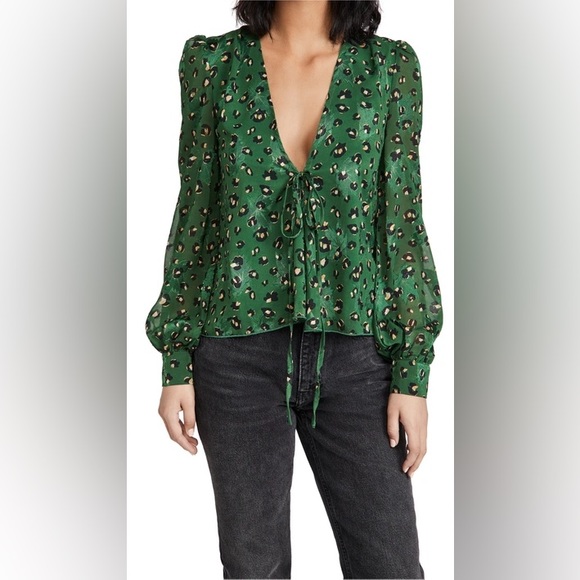 ASOS Never Fully Dressed Front Tie Balloon Sleeve Green Blouse - Picture 7 of 8